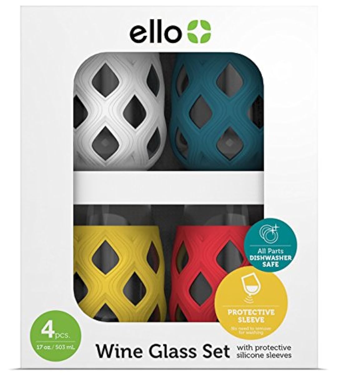 Ello Cru BPAFree Stemless Wine Glass Set with Silicone Protection (4