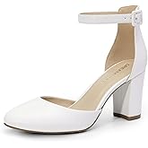 DREAM PAIRS Women's Closed Toe Chunky Heels Ankle Strap Low Block Heels Round Toe Dress Bridal Wedding Pumps Shoes
