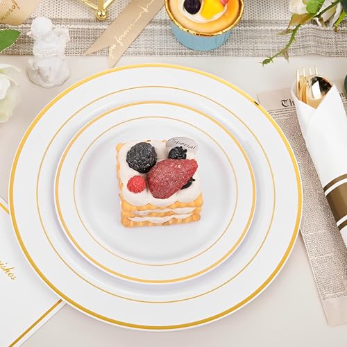 Beauenty 175 Piece Gold Plastic Dinnerware Set for 25 Guests,Elegant Disposable Dinnerware Set for Parties,Include:25 Dinner Plates,25 Dessert Plates,25 Pre Rolled Napkins with Cutlery Set,25 Cups