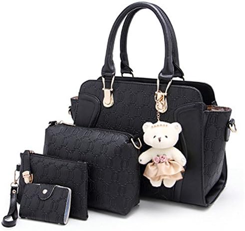 Women 4 Pieces Leather Handbags Clutches Shoulder Bag Wallet Card Bag Set (black)