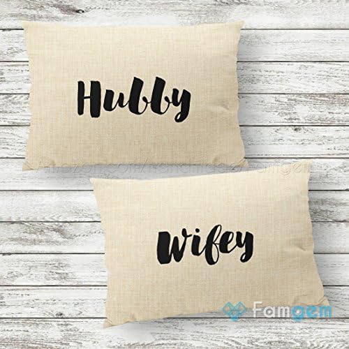Hubby Wifey Throw Pillow Case His &amp; Hers Personalized Mr Mrs Cushion Cover | Custom Wedding Decor Queen King Zipper Pillowcases Newly Anniversary Gifts for Her Him | Burlap or Cotton - Set of 2