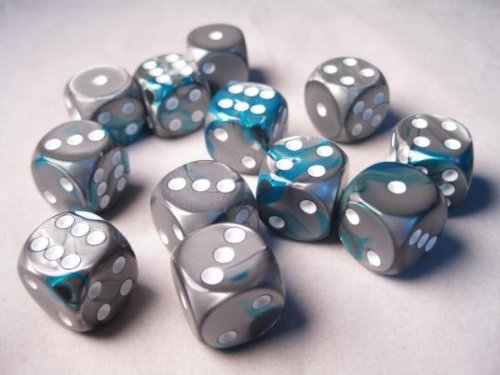 Chessex Dice d6 Sets: Gemini Steel & Teal with White - 16mm Six Sided Die (12) Block of Dice