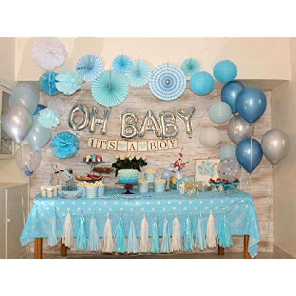 blue white and silver baby shower decorations