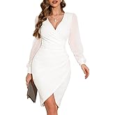 ihot Women's 2026 Sexy V Neck Mesh Long Sleeve Faux Wrap Ruched Sheath Bodycon Party Cocktail Work Dress
