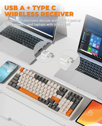 Wireless Mechanical Keyboard, Trip Mode 2.4G and BT5.0 2-in-1 Receiver, Type-c, 100 Keys Hot Swappable Switches, Gaming Keyboard with Number Pad, for PC Gamers or Mac or Windows (Khaki)