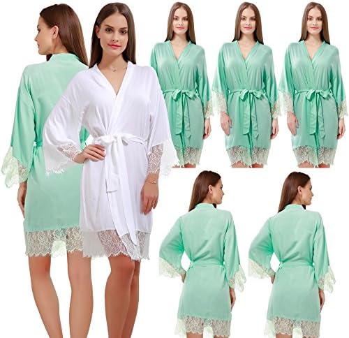 GoldOath Wedding Robes for Bridal Party Set of 7 Women's Cotton Kimono Robe Gifts to Bride Bridesmaid with Lace Trim V-Neck