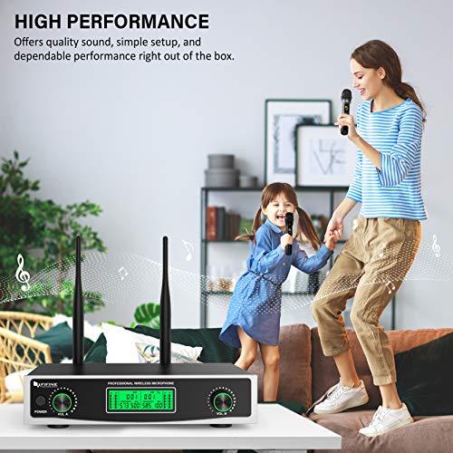 Wireless Microphone System,FIFINE Two Handheld Dynamic Cordless Mic and Dual Channel Receiver, 50 Selectable UHF Frequency for Karaoke Singing Party,Church,Worship,Wedding,School Presentation.(K040)