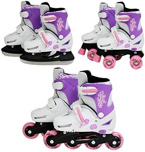 SK8 Zone Girls Pink 3in1 Roller Blades Inline Quad Skates Adjustable Size Childrens Kids Pro Combo Multi Ice Skating Boots Shoes New