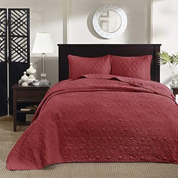 Madison Park Quebec King Size Quilt Bedding Set - Red , Damask - 3 Piece Bedding Quilt Coverlets - Ultra Soft Microfiber Bed Quilts Quilted Coverlet