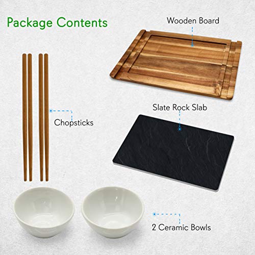 Wooden Board Sushi Serving Plate - Rectangular Japanese Sushi Serving Plate - Acacia Wood Platter Display/Cutting/Serving Tray Set - Slate Plate, 2 Ceramic Sauce Bowls, Chopstick - NutriChef PKSUSH10