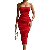 LAGSHIAN Women's Sexy Bodycon Strapless Tube Dress Sleeveless Ruched Midi Club Party Dresses