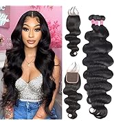 Taziza Closure and Bundles Body Wave Brazilian Virgin Human Hair (24 26 28+22,Free Part)3 Bundles...