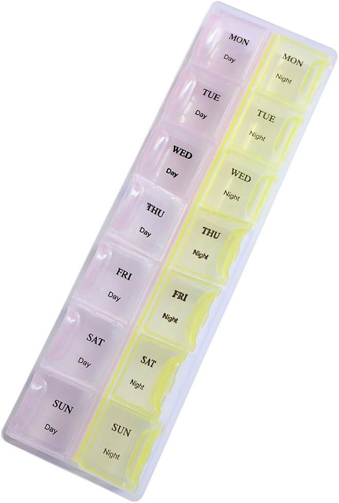 Pill Box 7 Day Pill Box Weekly Every Day by Day and Night Reminder for Pills, 14 Compartments (Yellow and Pink)