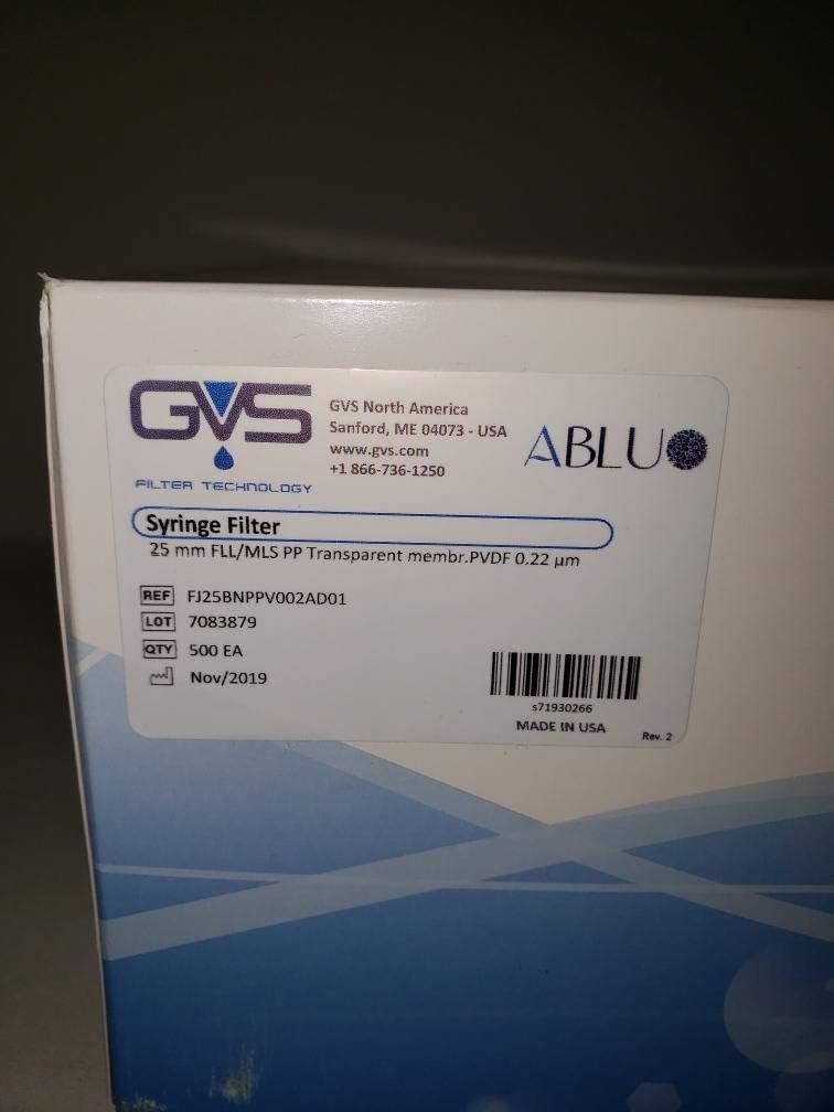 GVS Syringe Filter 25mm FLL/MLS PP Transparent Member PVDF 0.22um 500/case