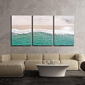 3 Piece Canvas Wall Art - Clear Tropical Beach with White Sand and Blue Waves - Modern Home Art Stretched and Framed Ready to Hang - 16"x24"x3 Panels