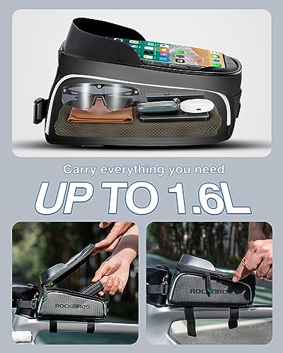 ROCKBROS Bike Frame Bag, Bicycle Handlebar Bag, Water-Resistant Top Tube Pack Mobile Phone Pouch For Smart Phones Up To 6.8 Inches With TPU Sensitive