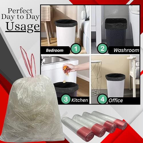 VESTA VITA - 5 Rolls Transparent Trash bags 75 Pcs for Home and office - 45"50"CM Drawstring Garbage bag with handles - 5 Gallon Garbage bag small for Kitchen and office - Pack of 5 bin bags rolls