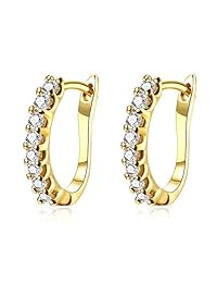 Pendientes de aro de circonia cúbica plateada en oro blanco de la marca BuycitKy bañado en oro de 14 quilates amarillo, para mujeres, juego de aretes de tachuela de moda para niña, con bolsa para joyería de PU