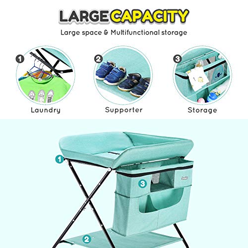 FORSTART Baby Changing Table with Wheels, Adjustable Height Folding Diaper Station Portable Mobile Nursery Organizer with Newborn Clothes & Storage Rack for Infant