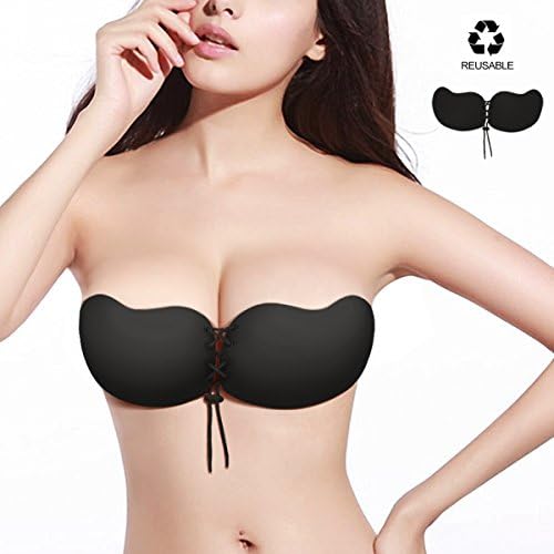 Strapless Self Adhesive Invisible Bra, OKISS Push Up Invisible Silicone Bra For Wedding and Backless Dress, Black, D