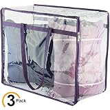 Clear Zippered Storage Bags | Closet Organizer Vinyl Bag for Bedding, Linen, Blankets, Duvet Covers, Comforters, Clothes & Toys | Multi Purpose & Space Saver PVC Organizers (Purple, 18x15x9")
