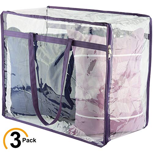 Clear Zippered Storage Bags | Closet Organizer Vinyl Bag for Bedding, Linen, Blankets, Duvet Covers, Comforters, Clothes & Toys | Multi Purpose & Space Saver PVC Organizers (Purple, 18x15x9")