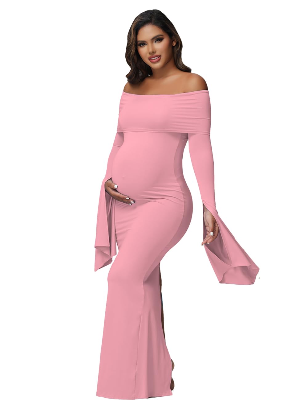 Photo 1 of JustVH Women's Maternity Long Sleeve Off Shoulder Pregnancy Photography Dress for Baby Shower Photoshoot Party Pink