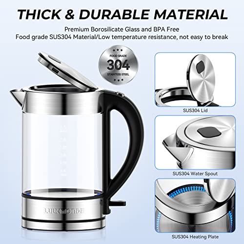 LUUKMONDE 1500W Electric Kettle ,1.7L Borosilicate Glass Tea Kettle with LED Light, Water Kettle Electric Fast Boiling, Auto Shut-Off and Boil-Dry Protection, BPA Free