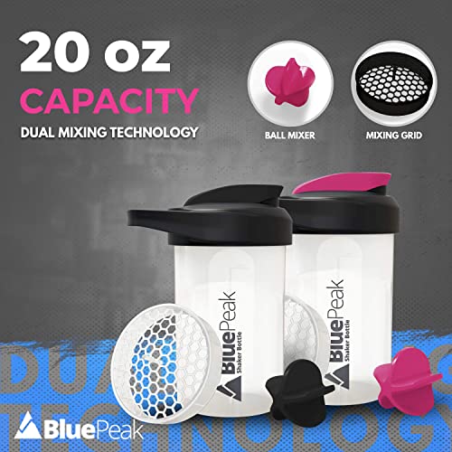 BluePeak Protein Shaker Bottle 20 oz with Dual Mixing Technology