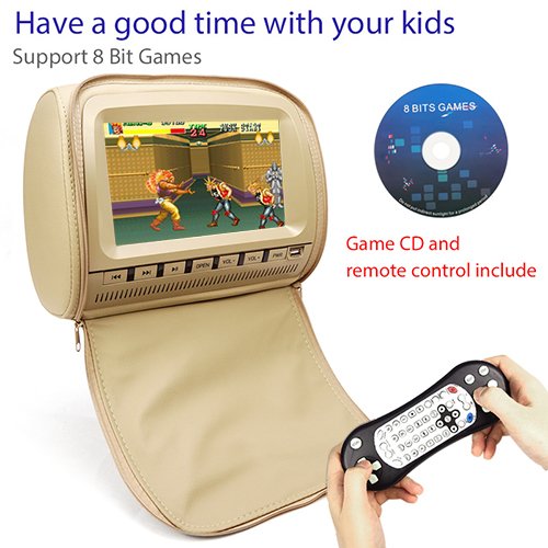 9 inch 1080P Car Headrest DVD Player Video Monitor with Leather Cover Zipper IR Wireless Headphones Games for Kids Road Trips Entertainment System (Touch Screen, Beige)