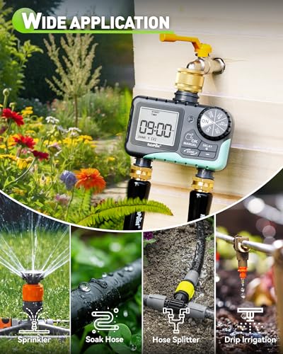 RAINPOINT Water Timer 2 Outlets, IP65 Waterproof Garden Hose Irrigation Timer with Brass Inlet, Rain Delay/Manual Watering, Automatic Watering System for Garden, Yard, Lawn, 2 Zone