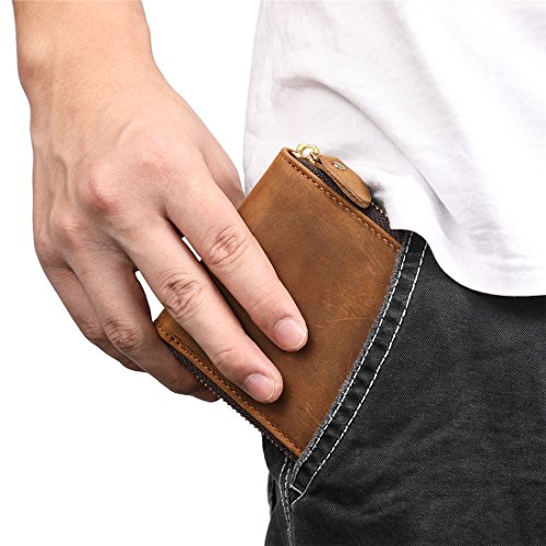 Huztencor Zipper Wallet Men Leather RFID Blocking Wallets for Men with ID Card Window Secure Zip Around Bifold Wallets Brown(FBA)