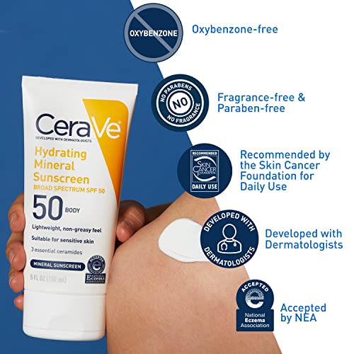 CeraVe 100 Mineral Sunscreen SPF 50 Body Sunscreen with Zinc Oxide & Titanium Dioxide for