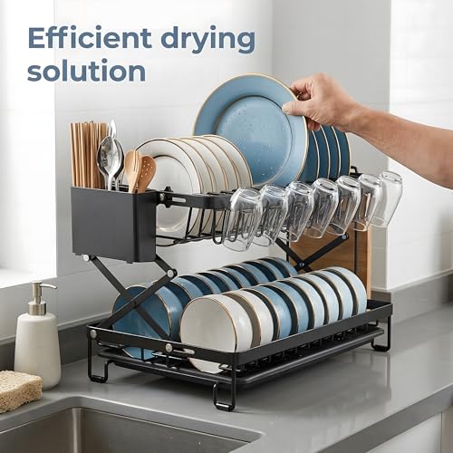 Beauenty 2 Tier Dish Drying Rack, With Drip Tray And Folding Design, Large Capacity Kitchen Dish Drainer For Small Kitchens, 42cm(Black)