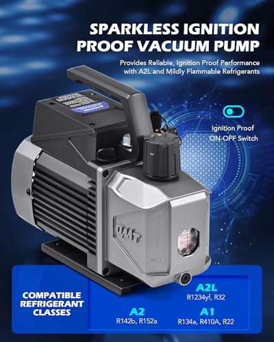 Orion Motor Tech Bomba de vacío A2L, 3.5 cfm 1/4 hp Bomba de vacío de una sola etapa a prueba de chispas para R1234yf R32 R134a R22 R410A con vacío 15 micrones Ultimate, Bomba de vacío Auto HVAC