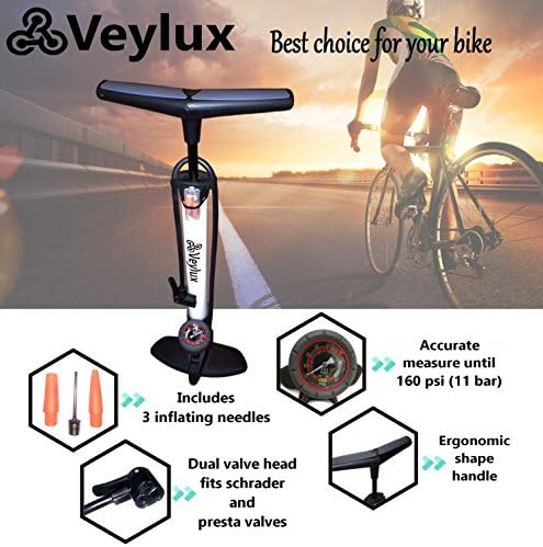 High Pressure Floor Bike Pump with Gauge and Dual Smart Valve Head Fit Schrader and Presta, 160 PSI Measure (11 bar), 38 x 530 mm Aluminum Tube