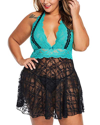 XAKALAKA Women Plus Size Lingerie Lace Babydoll Strap Chemise Halter V Neck Sleepwear