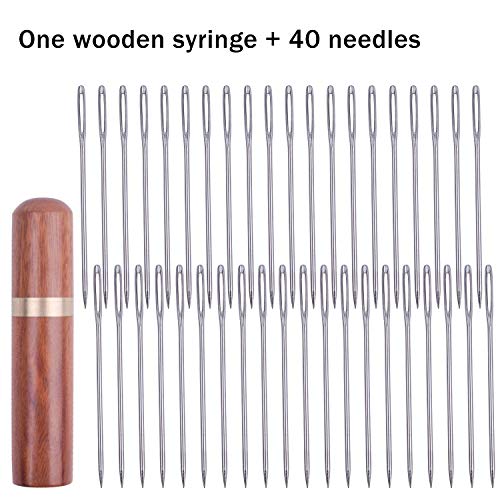 Jdesun Wooden Needle Case with 40 Pieces Large-Eye Stitching Needles, Hand Sewing Needles for Leather Craft Projects