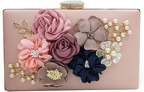 QIEEU Women's Flower PU Material Evening Bag Pearl Beaded Clutch Handbag For Banquet Pink