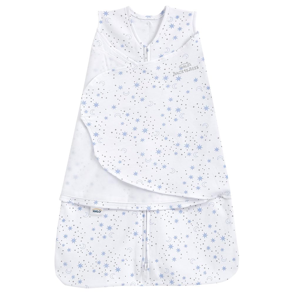 HALO Baby Sleeping Bag Swaddle | 1.5 TOG SleepSack | 100% Cotton, Blue Moons Sleeping Sack For Newborn Babies | Easy Zip Access Nappy Change | Wearable Blanket Grow Bag | Boys & Girls, 0-3 Months