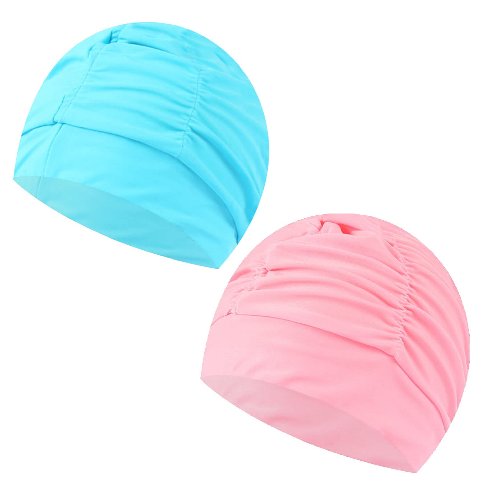 Golden Apple 2Pack Nylon Soild Color Ladies Swimming Hat Pleated Style Swim Cap Long Hair Swimming Cap for Men Women (Pink+Blue)