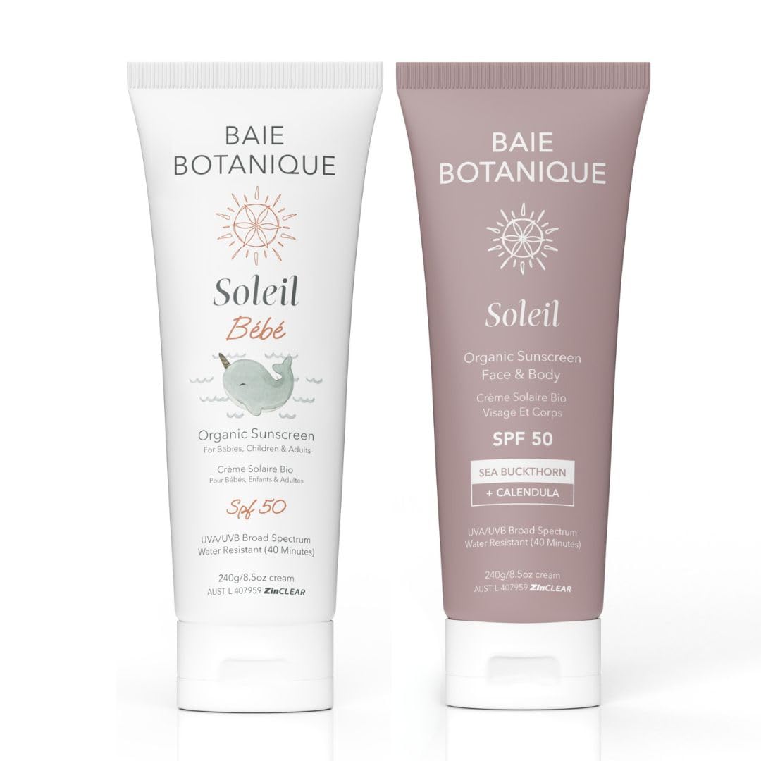 NEW BUNDLE Baie Botanique Soleil - Natural and Organic Mineral Non Toxic Sunscreen - Family Sun Essential - Face and Body SPF 50 240g + Baby SPF 50 240g