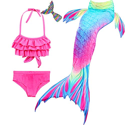 Danvren 3Pcs Mermaid Tails for Girls Swimming SwimsuitÂ Party SuppliesÂ Costume SwimwearÂ Bikini for 3-12YÂ  (Colored Pudding Design, Child XL Height 51-54in (8-10Y))