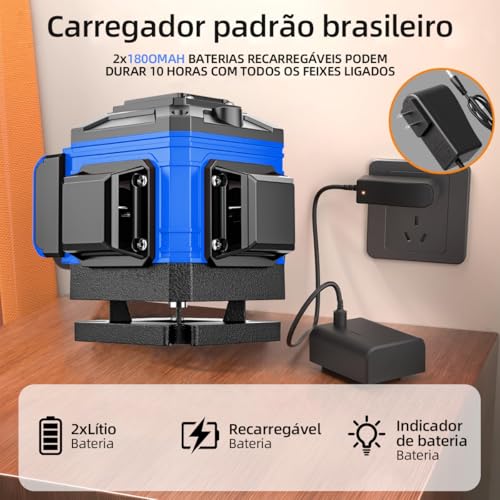 Nível a Laser 12 Linhas Verde Autonivelante 360°, Kit Completo com Tripé e Baterias para Construção e Reformas (Azul)