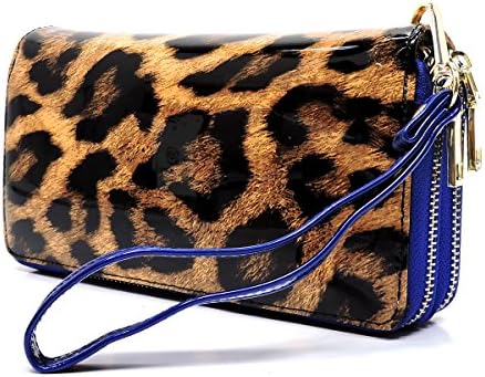 Faux Patent Leather Glossy Leopard Double Zip Around Clutch Wallet Wristlet