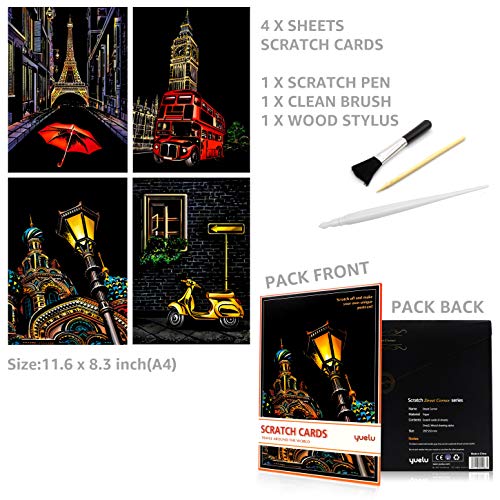 Pobec Scratch Art, Scratch Art Paper DIY Night View Scratchboard for Adult and Kids, with Scratch Paper Pens/Black Brush,8.2''x11.4'' (Corner)