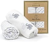Alpy Baby Organic Cotton Muslin Swaddle Blankets - 47 inches x 47 inches - Strong & Soft Set of 2 (Elephants and Dots)