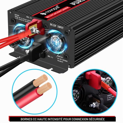 NOVOPAL Pure Sine Converter 2000W-DC 12V to AC 220V/230V Inverter - 2 AC EU Plug and 1 USB Remote Control Port with INCL. 5m