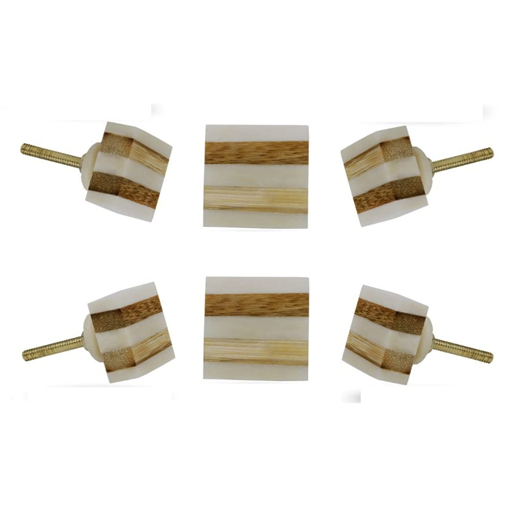 TRINCA-FERRO Set of 6 Cabinet Door Knobs Striped Bone Square Diameter 40 mm Drawer Pull Dresser Cupboard Handle, Brown-White, WF_55530011