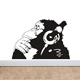Banksy Vinyl Wall Decal Street Graffiti Monkey Wear Headphone Wall Art Sticker Bansky Chimp Listening to Music Earphone Graffiti Sticker Mural W-23 (Black, 57x83cm)